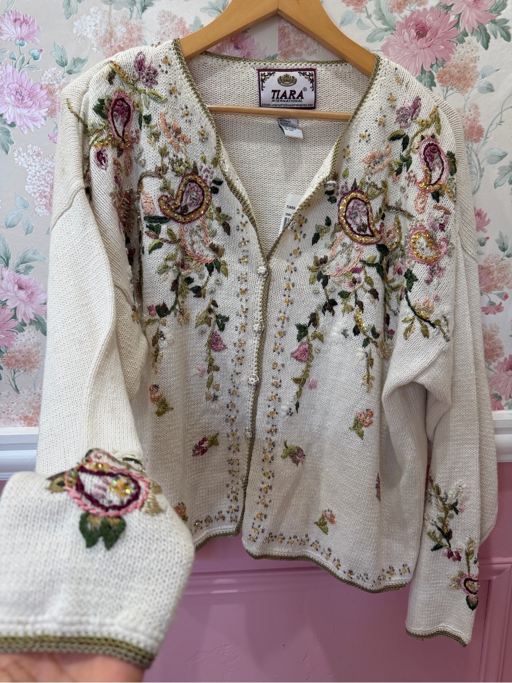 American Vintage Cream Embroidered Floral Cardigan with Pink and Green Accents
